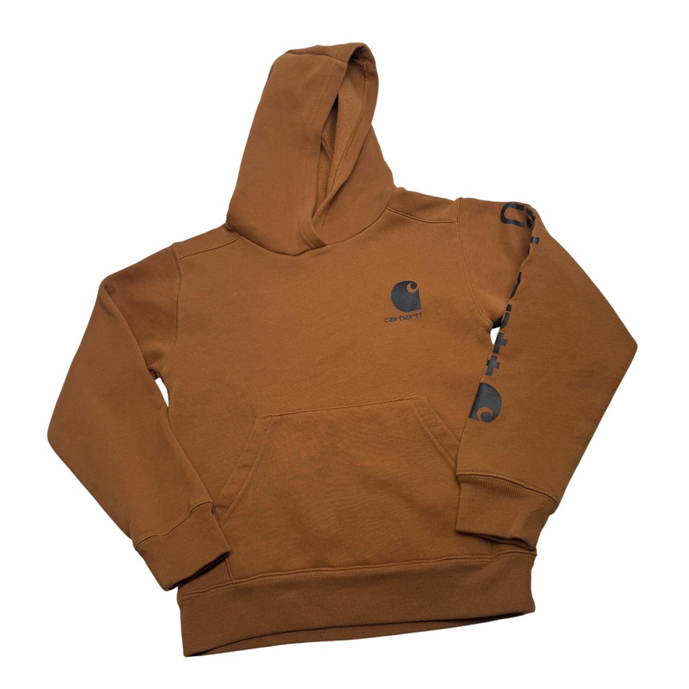 Carhartt Boys Brown Logo Sleeve Fleece Pullover Hoodie S 8-10 TS6272-B
